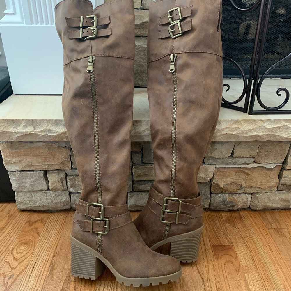Over the knee chunky brown boots